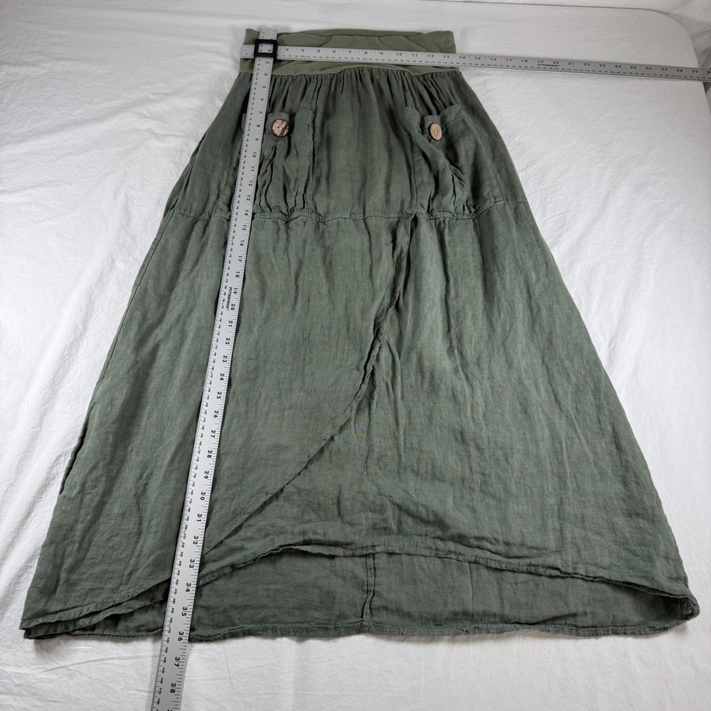Made in Italy Size S Olive Green Linen Cotton Blend Maxi Skirt Lagenlook Pockets - Picture 3 of 6